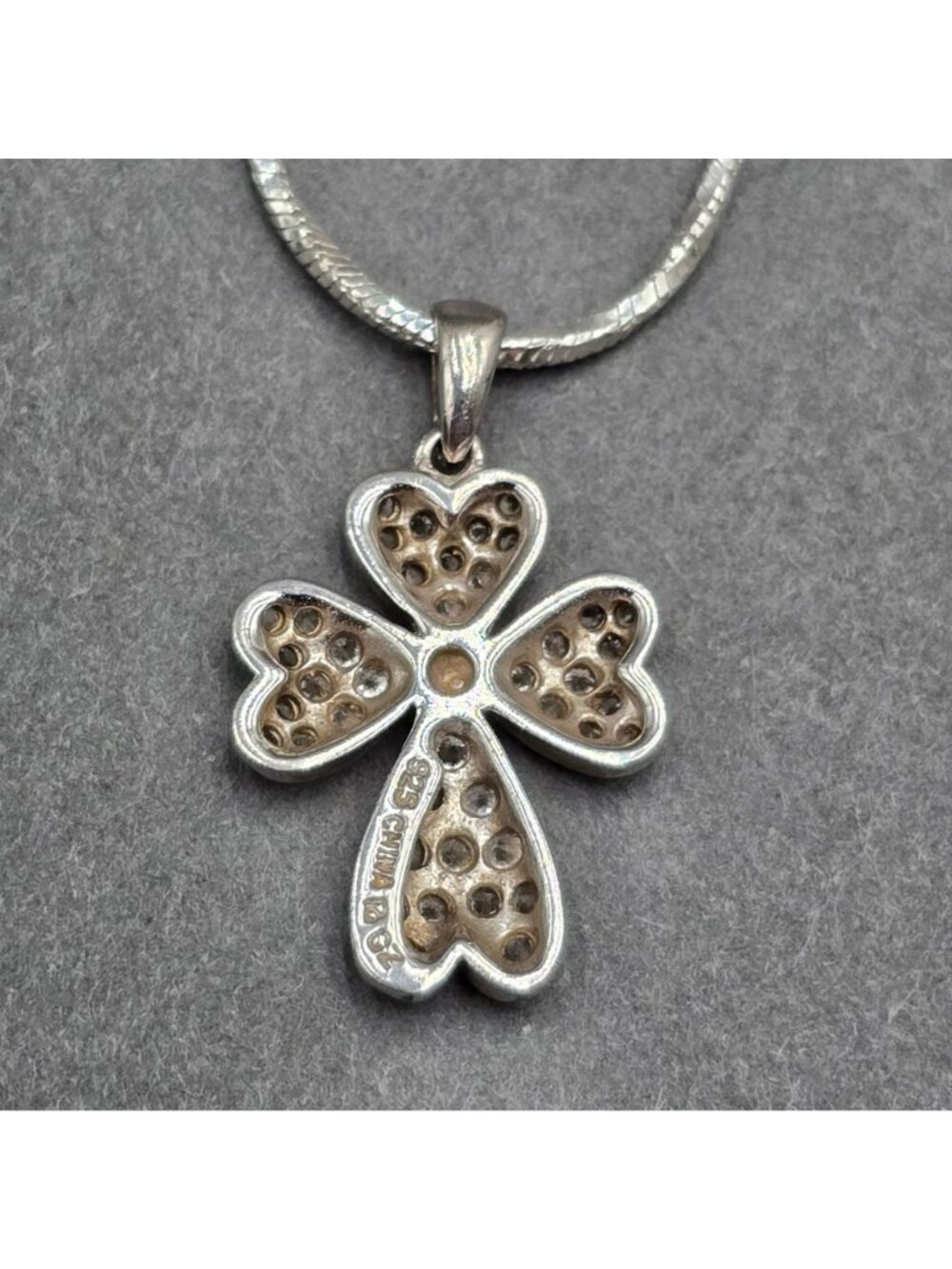 Vintage Ross Simons Sterling Silver CZ Four Heart Clover Cross Pendant Necklace - Picture 4 of 16